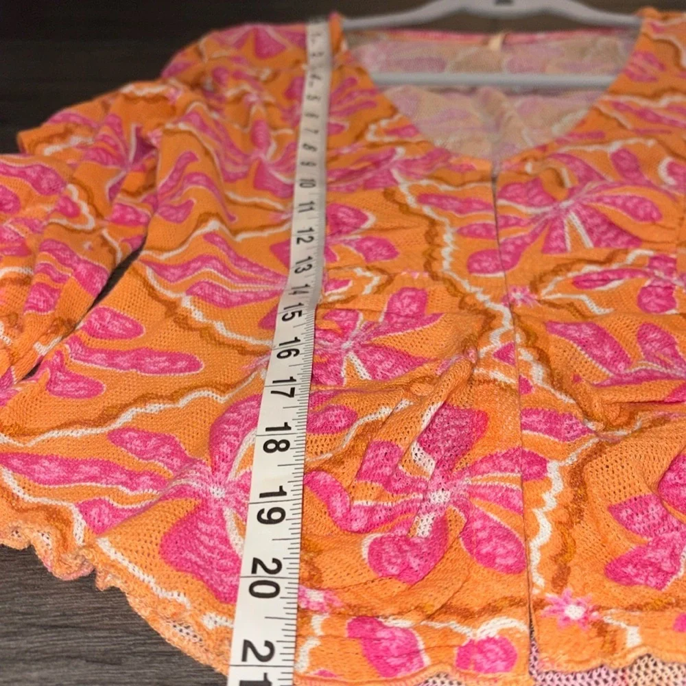 Free People NEW Through the Meadow Mesh Ruched Sleeve Top Size Small Orange/Pink